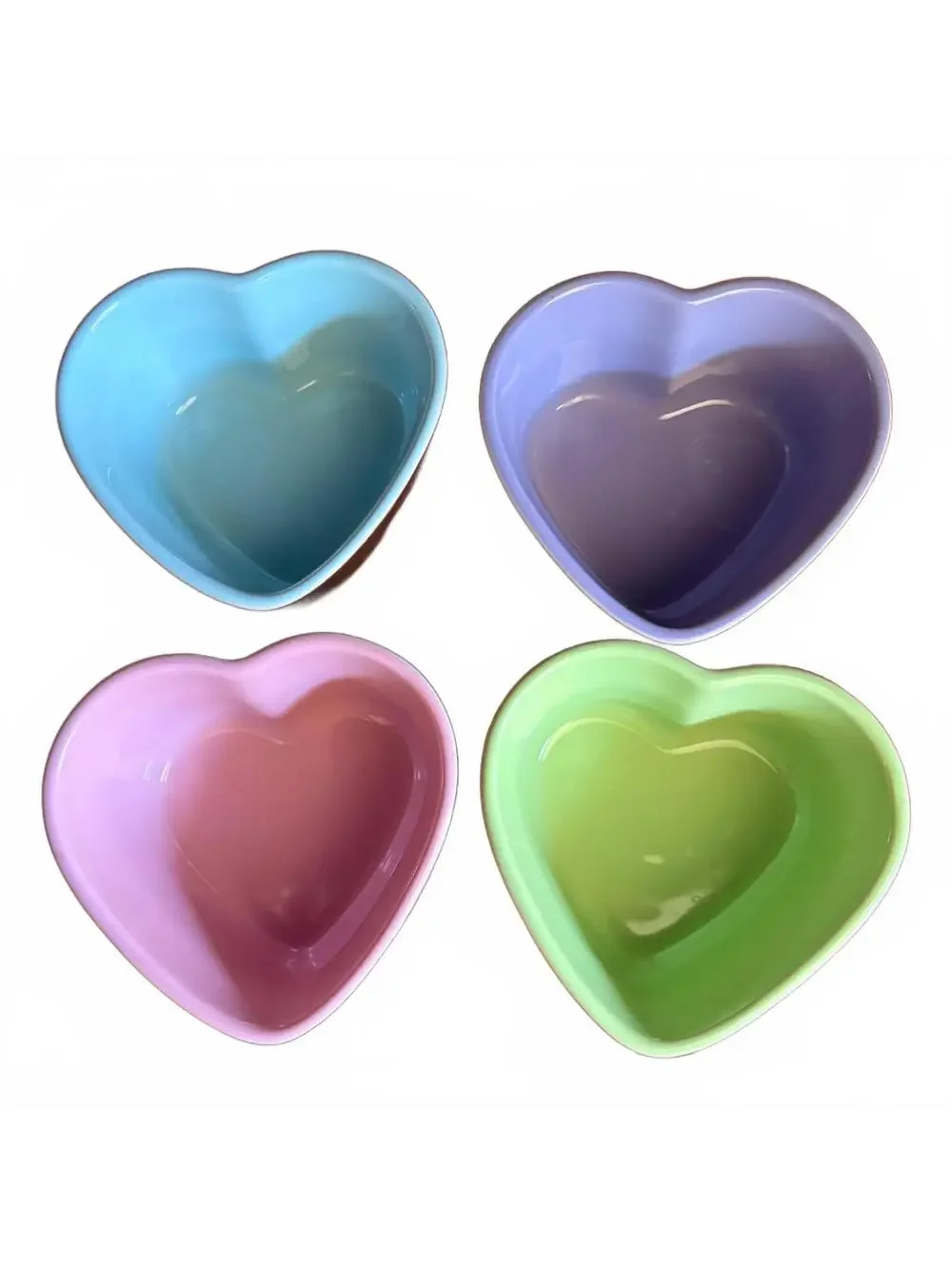 Le Creuset Heart Ramekin Mini Stoneware Lot of 4 Piece Set Brown Bicolor Pastel